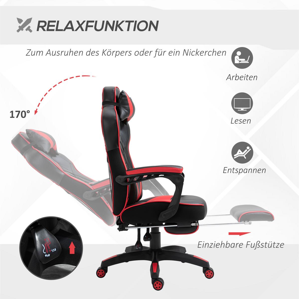 ERGONOMISCHER Bürostuhl, Schwarz+Rot - Multicolor, Leder (70/118.5/65cm) - Vinsetto