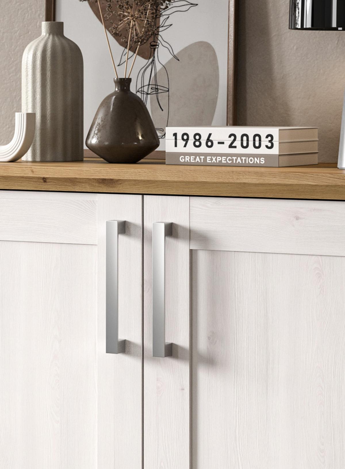KOMMODE weiß Lärche, Eiche Artisan 95 cm, Sideboard im Landhaus-Stil - Silberfarben/Weiß, Holzwerkstoff/Kunststoff (95/92/39cm) - Inn.Furn