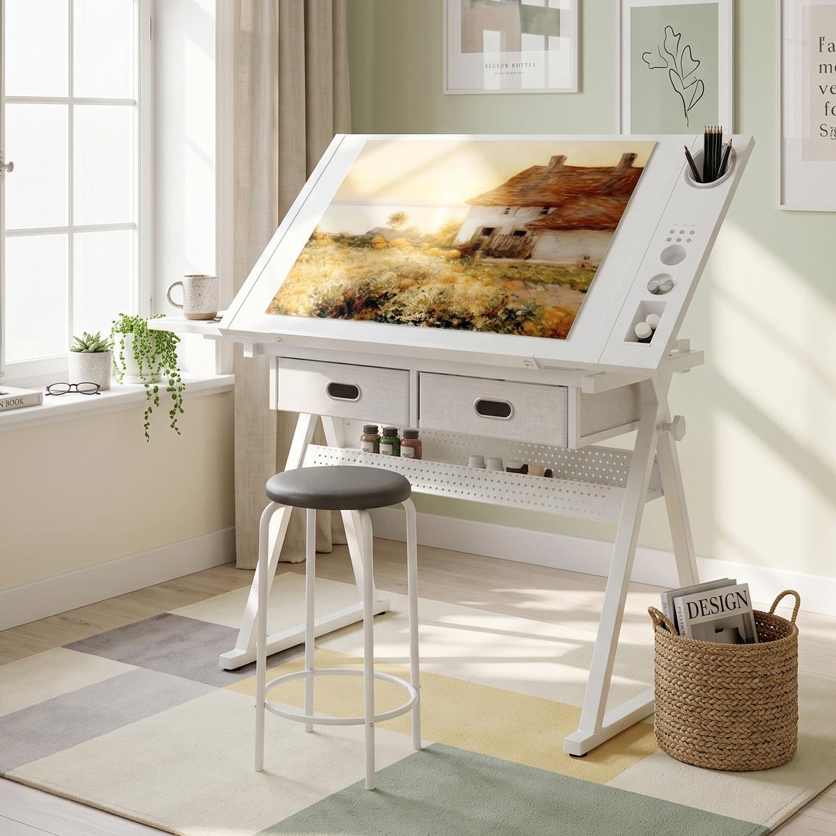 SCHREIBTISCH Zeichentisch Höhenverstellbar Neigbar Weiß inkl Hocker & Schubladen - Weiß, Holzwerkstoff (60/98/68cm) - Urban Meuble