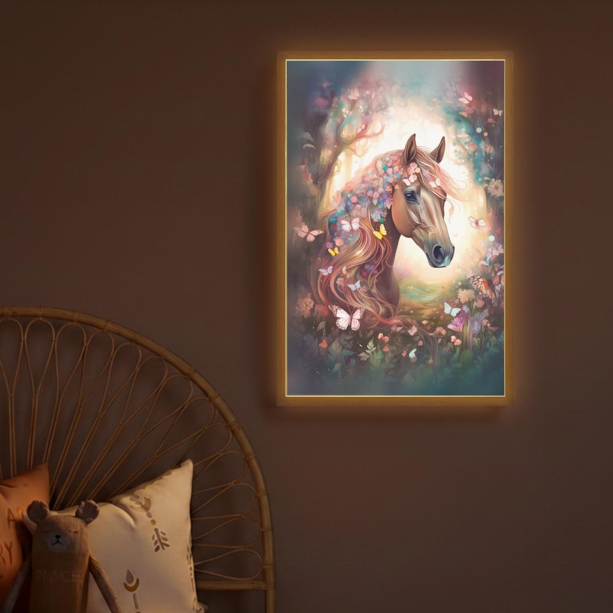 WANDLEUCHTE MIT AKKU Pferd - Natur - Blumen - Schmetterlinge - Wald 40x60 cm - Dunkelbraun, Holzwerkstoff (40/60/8cm) - OnlyWow
