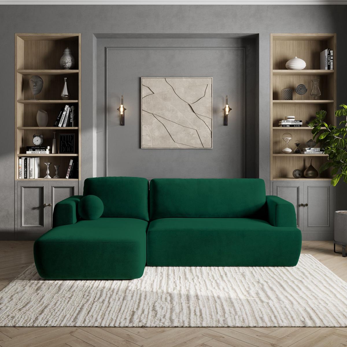 ECKSOFA SENTI K L-S Grün Plüsch-Stoff mit Schlaffunktion - Schwarz/Grün, Holz/Kunststoff (246/148cm) - MASSENO