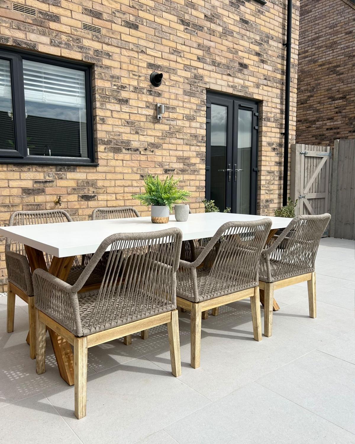 GARTENMÖBEL SET 6-Sitzer Faserzement 200/100 cm weiß/beige Olbia - Hellbraun/Beige, Stein - Beliani