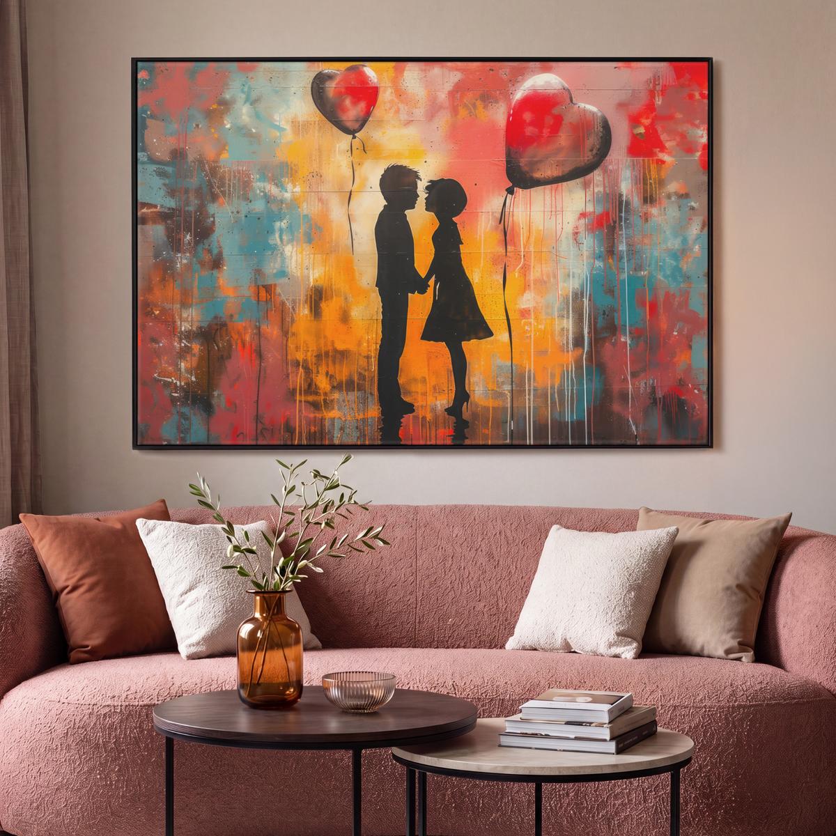 LEINWAND Bilder mit Rahmen - Straßenkunst - Liebe - Graffiti - Kunst - Banksy - 120x80 - Orange, Textil (120/80cm) - MuchoWow