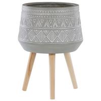 PFLANZENSTÄNDER hellgrau mit Holzbeinen 61 cm Malaki - Hellbraun/Hellgrau, Stein (61cm) - Beliani