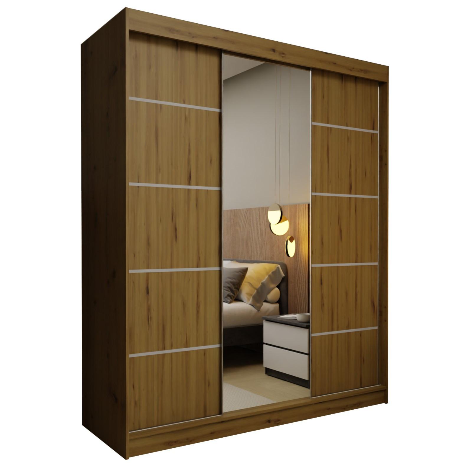 SCHWEBETÜRENSCHRANK MIRELLA 180/216/61 cm 3-türig mit Spiegel Eiche Artisan - Eiche Artisan, Holzwerkstoff (180/216/61cm) - MASSENO