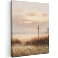 LEINWANDBILD Gras - Morgennebel - Kreuz - Christentum Wandbild Wohnzimmer 60x80 cm - Beige, Textil (60/80cm) - MuchoWow