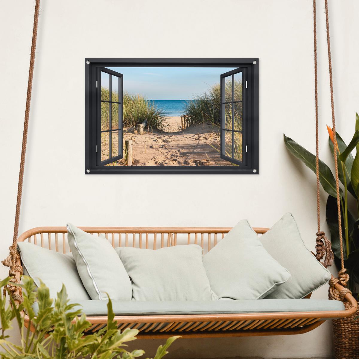GARTENPOSTER Durchblick - Strand - Meer - Sand - Wasser - Strandhafer - Dünen Gartendeko 90x60 cm - Sandfarben, Kunststoff (90/60/0.2cm) - OnlyWow