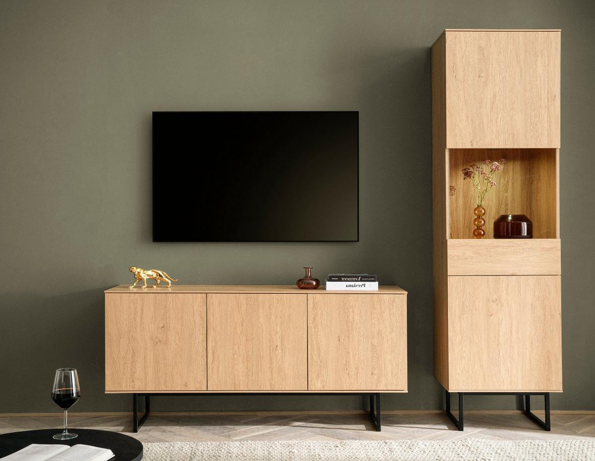 WOHNWAND Stone Eiche, Wohnkombination 2-teilig 220 cm, mit Push-to-Open - Eichefarben/Schwarz, Holzwerkstoff/Metall (220/200/40cm) - Furn.Design