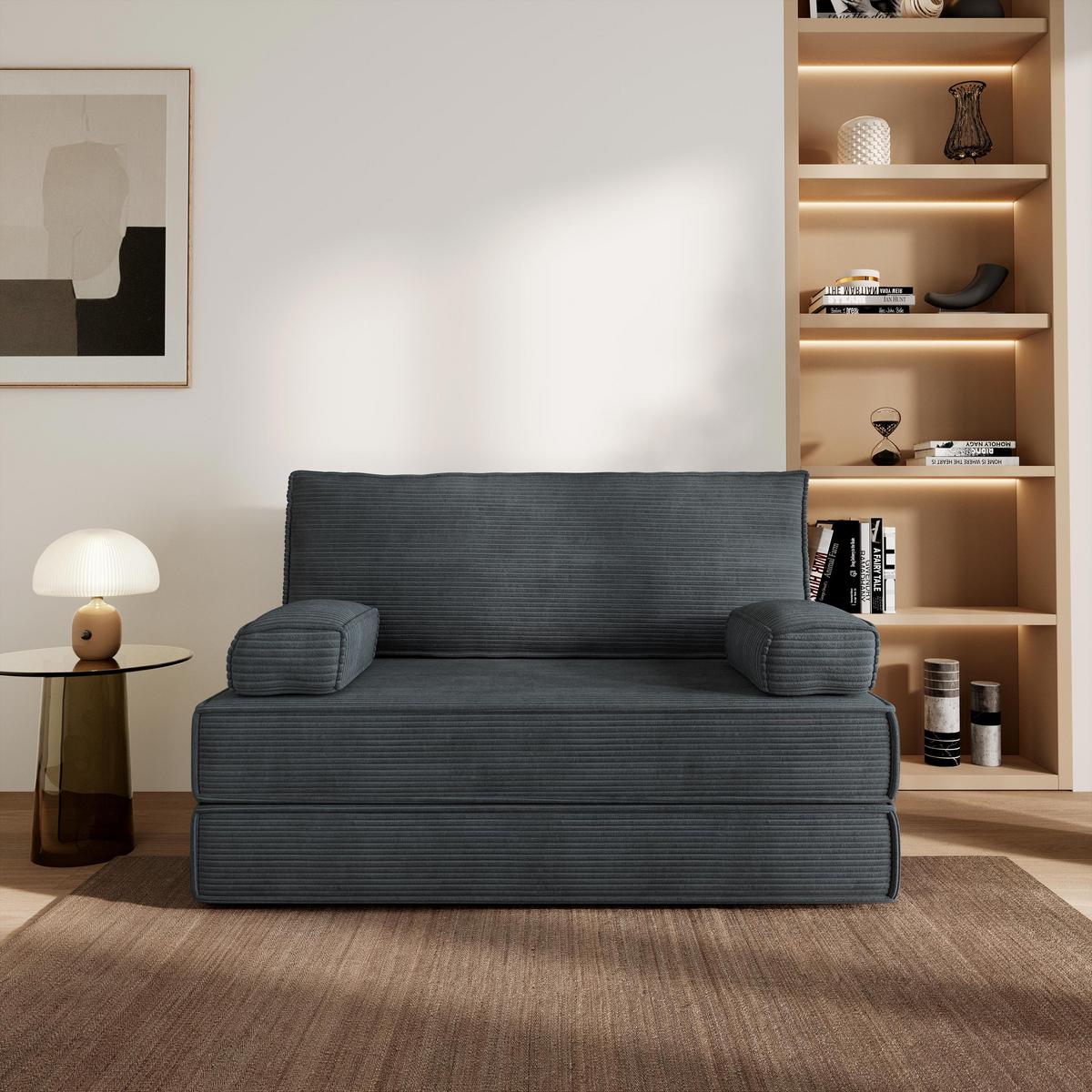 BETTSOFA LADIA aus Schaumstoff Kordstoff Grau Schlaffunktion - Dunkelgrau, Textil (140/86/60cm) - MASSENO