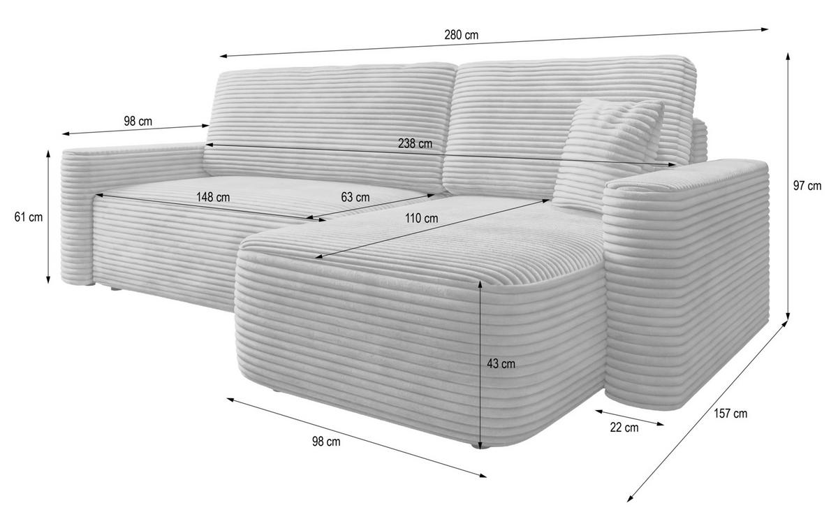 ECKSOFA NERI T Hellgrau Kordstoff mit Schlaffunktion - Hellgrau, Holzwerkstoff/Textil (280/157cm) - MASSENO