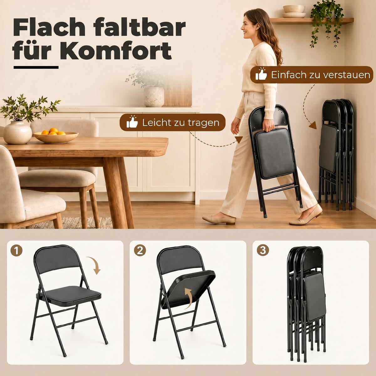 4ER-SET Klappstühle Tragbare Bürostuhl mit Kissen Stahlbeine Kunstleder, Schwarz - Schwarz, Metall (46/78/45cm) - HOMCOM