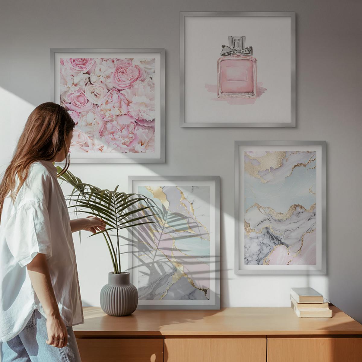 BILDER SET 4er Set - 50x50 cm & 40x60 cm Silberner Rahmen - Rosa Blumen Marmor Pastell - Silberfarben, Kunststoff (50/50cm) - TULUP