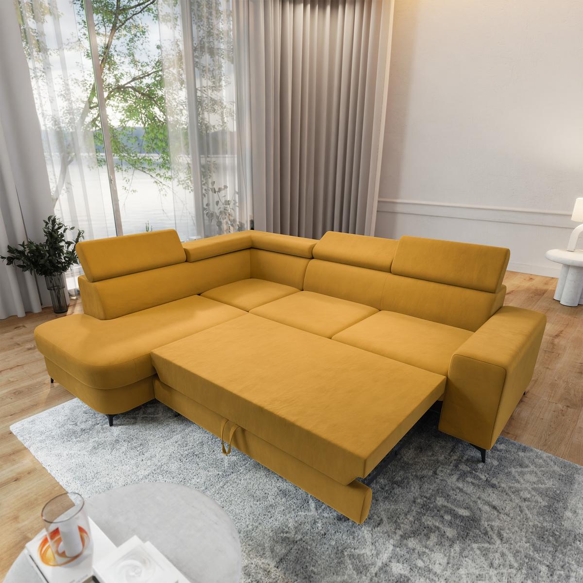 ECKSOFA ALVORO L-S Gelb Velours-Stoff mit Schlaffunktion - Gelb, Holz (253/190cm) - MASSENO