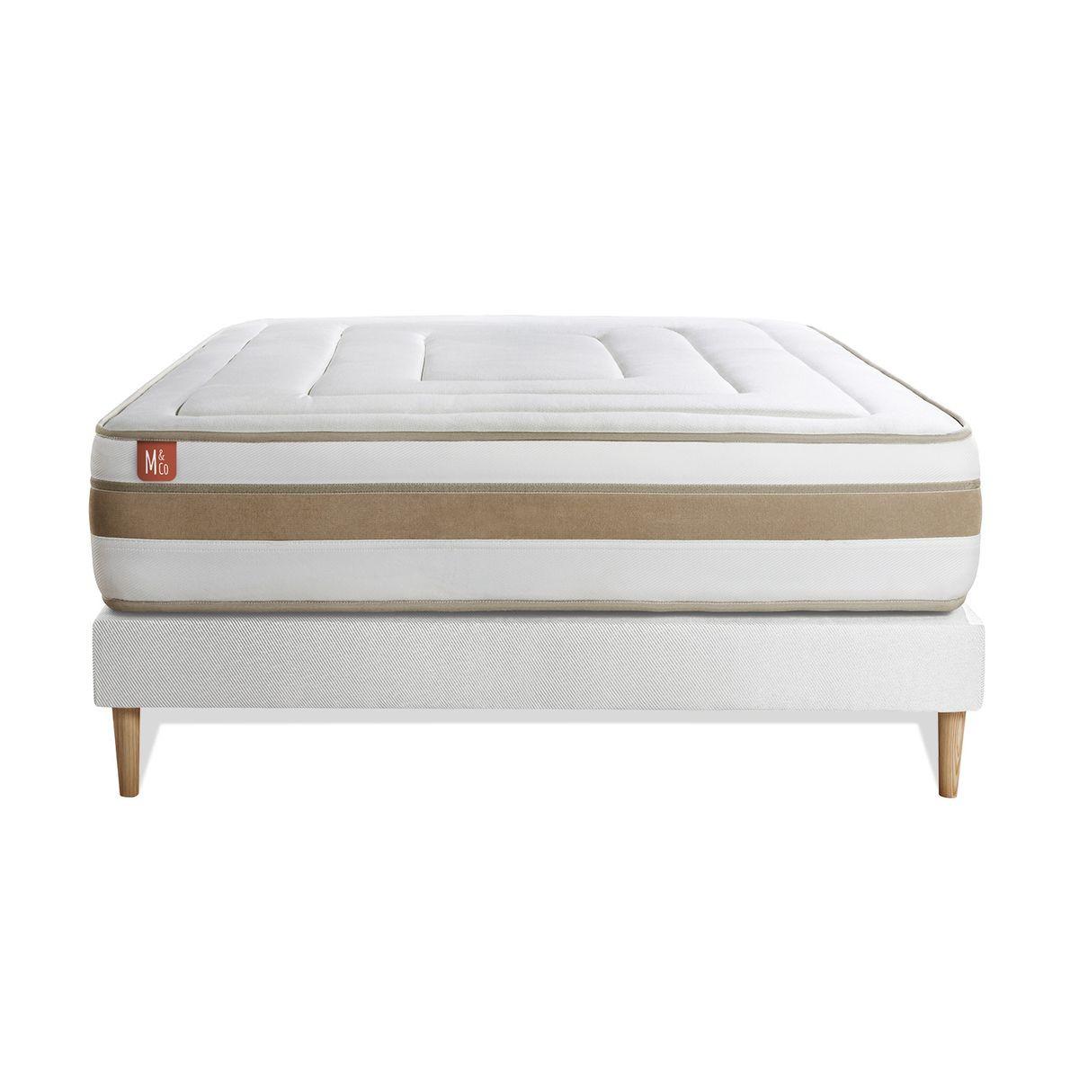 BETT Le Raffiné Taschenfederkern und Memory-Schaum 160 x 200 cm h1 - Kit Bettgestell Weiß - Beige/Weiß, Karton/Holz (160/200cm) - Marmottes & Co