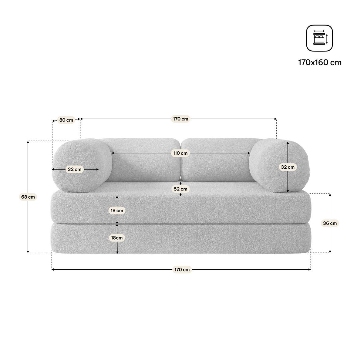 BETTSOFA EIREN aus Schaumstoff Bucle-Stoff Hellgrau Schlaffunktion - Hellgrau, Textil (170/68/80cm) - MASSENO