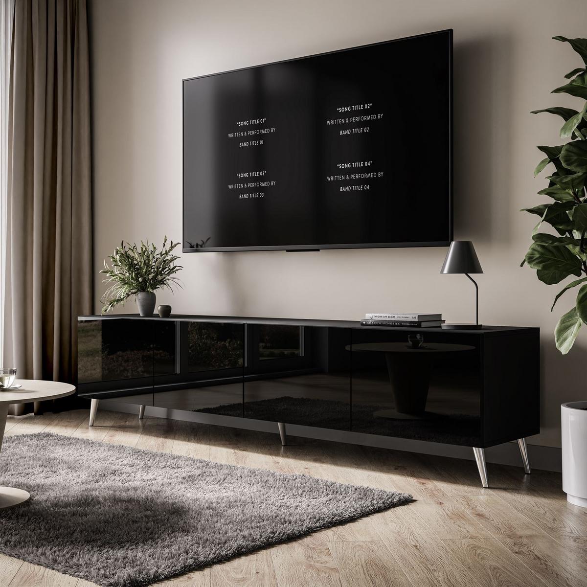 TV-ELEMENT AURA 200 Schwarz Hochglanz – Beinfarbe: Chrom - Schwarz, Holzwerkstoff (200/49/40cm) - Lookway