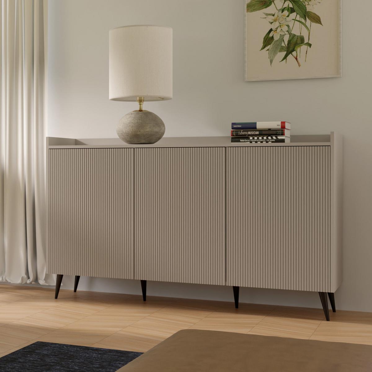 KOMMODE Amfali mit 3 Türen, geriffelte Fronten, Push-to-open, Metallbeine, 150 cm, Kaschmir - Kaschmir/Schwarz, Holzwerkstoff/Metall (150/92/41cm) - Beautysofa