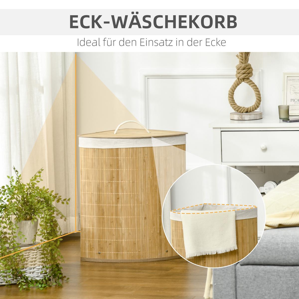 WÄSCHEKORB mit Deckel 55L, Bambus, Natur - Naturfarben, Naturmaterialien (38/57/38cm) - HOMCOM