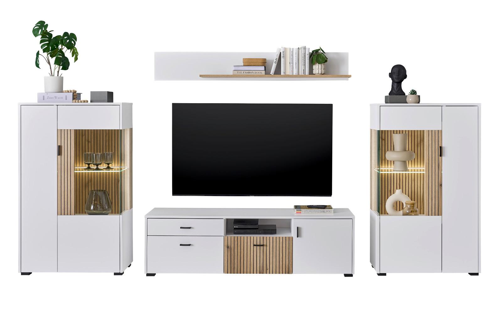 WOHNWAND 4-teilig weiß matt, Eiche 320 cm, Wohnkombination mit viel Stauraum und Soft-Close - Eichefarben/Schwarz, Glas/Holzwerkstoff (320/180/42cm) - Furn.Design