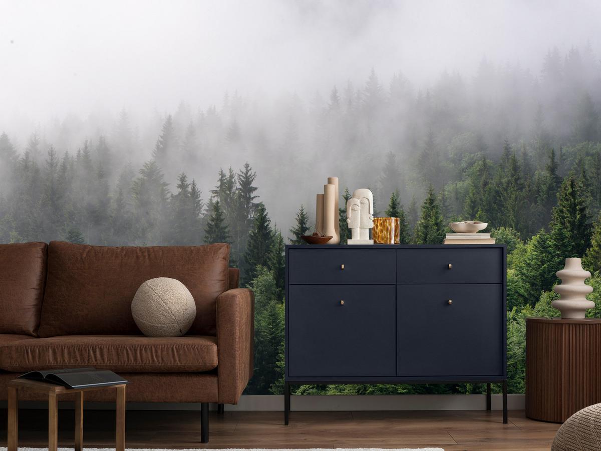 FOTOTAPETE für Wohnzimmer Nadelbäume Nebelwald Grün 350x256 - Grau/Grün, Papier (350/256cm) - Muralo