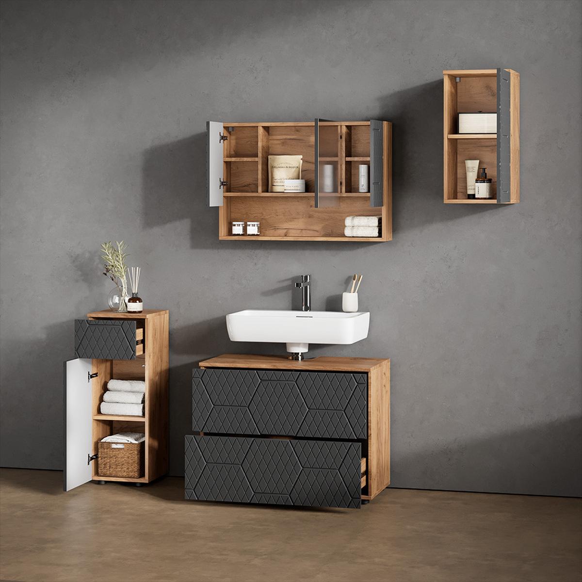 BADMÖBEL-SET Ronco Anthrazit mit Wabenstruktur 4 Teile - Anthrazit, Holzwerkstoff (80/58/41cm) - Livinity®