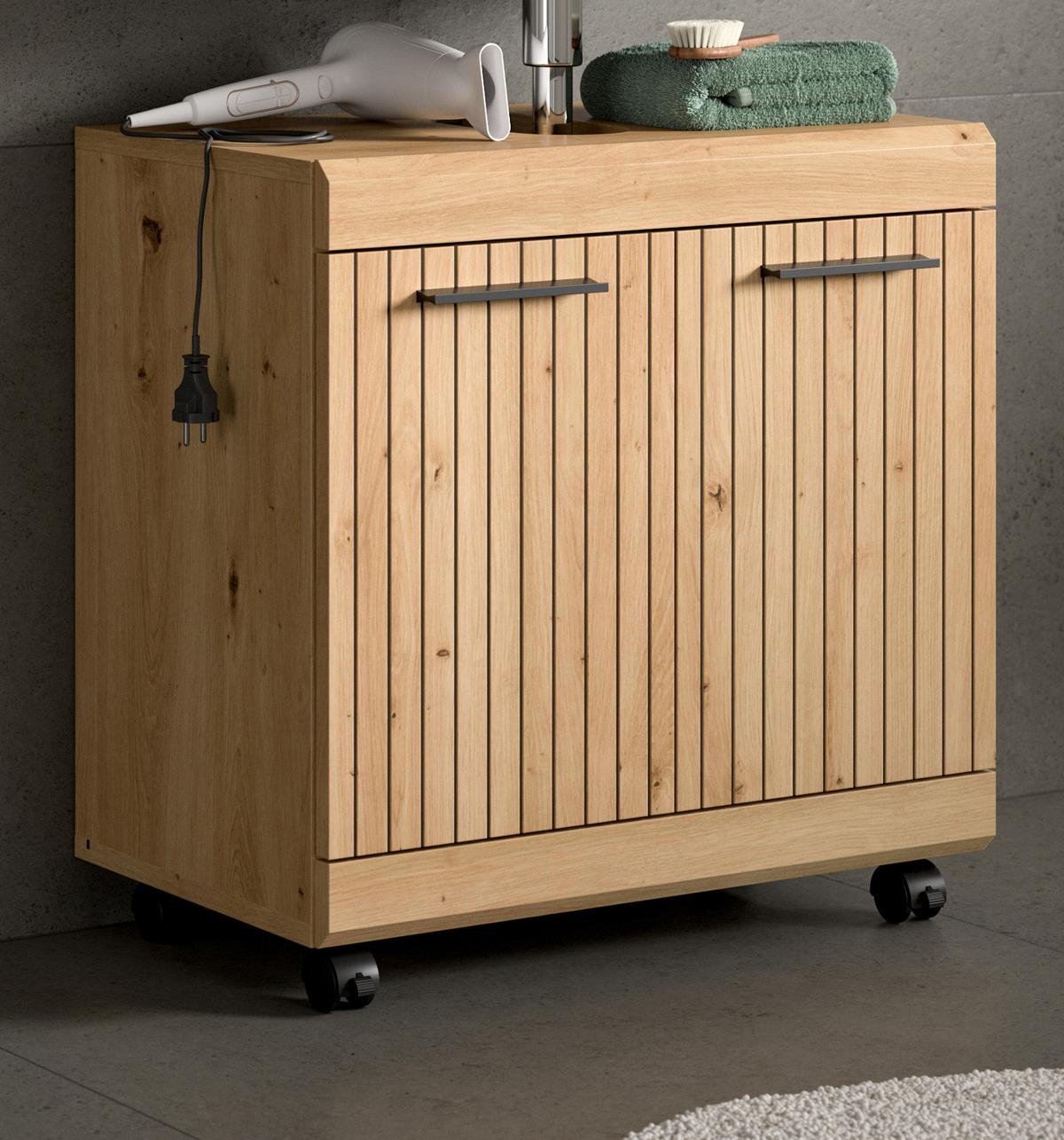 WASCHBECKENUNTERSCHRANK Eiche Artisan 60 cm, Badezimmer Unterschrank auf Rollen - Schwarz/Eiche Artisan, Holzwerkstoff/Kunststoff (60/60/34cm) - Inn.Furn