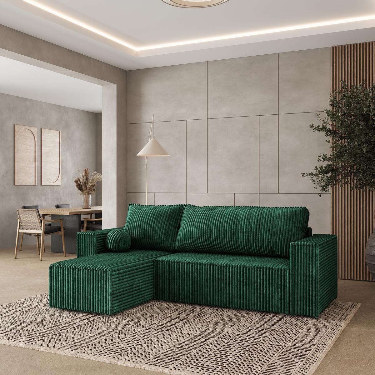 ECKSOFA RAVELO T Grün Kordstoff mit Schlaffunktion - Grau/Grün, Holz/Kunststoff (240/140cm) - MASSENO