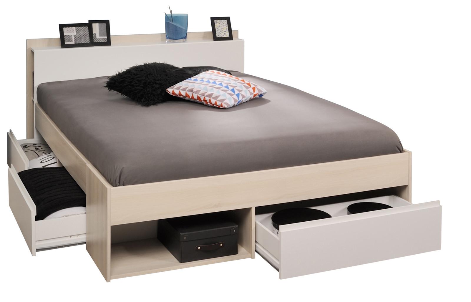 BETT mit Regal und 3 x Schubkasten Stauraumbett 140 x 200 cm - Eichefarben/Weiß, Holz/Holzwerkstoff (140/200cm) - Parisot Meuble