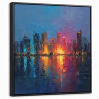 LEINWAND Bilder mit Rahmen - Skyline - Pinselstriche - Dunkelblau - Leuchtend - 50x50 - Blau, Textil (50/50cm) - MuchoWow