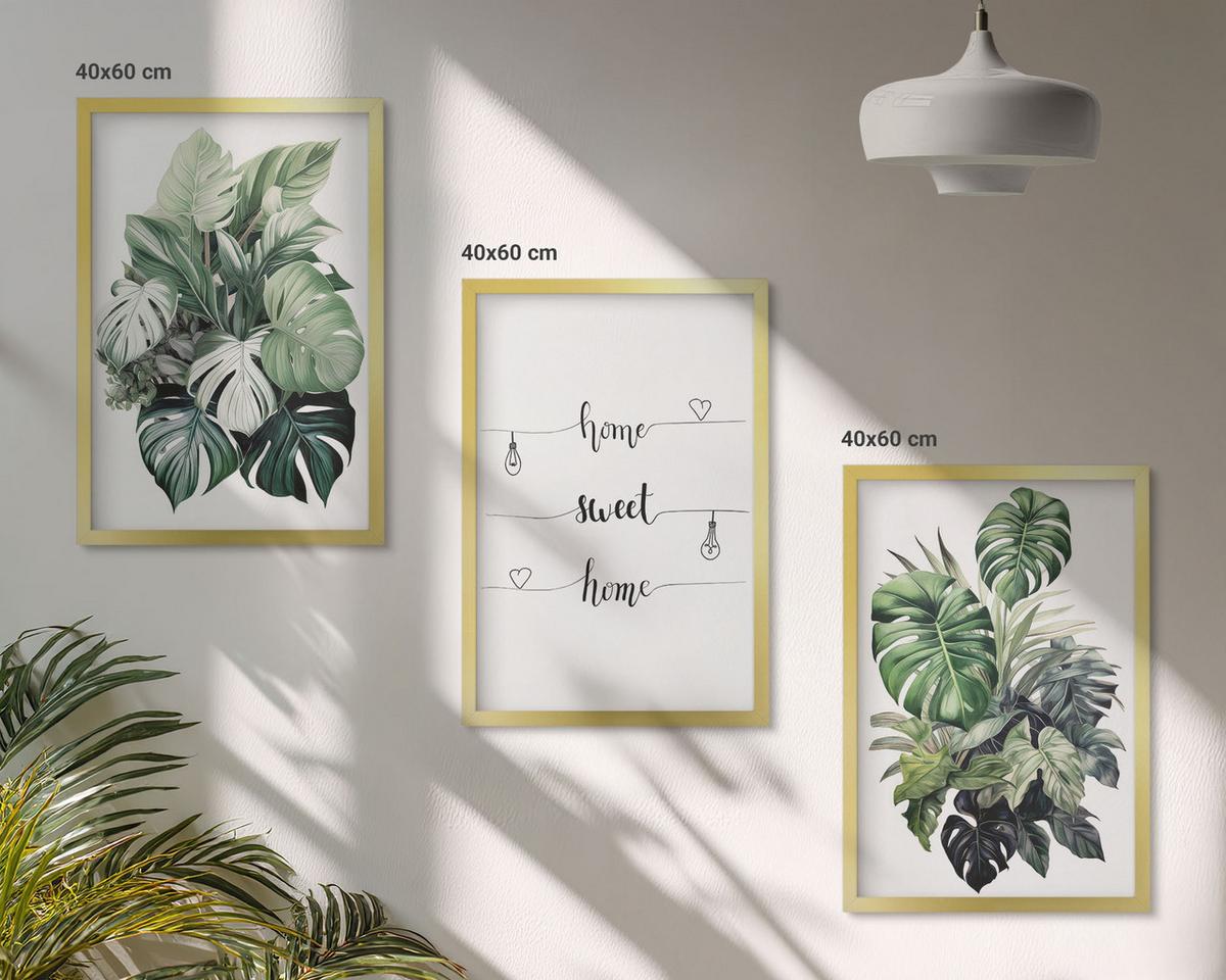 BILDER SET 3er Set - 40x60 cm Goldrahmen - Aquarell-Monstera-Blätter - Goldfarben, Kunststoff (40/60cm) - TULUP