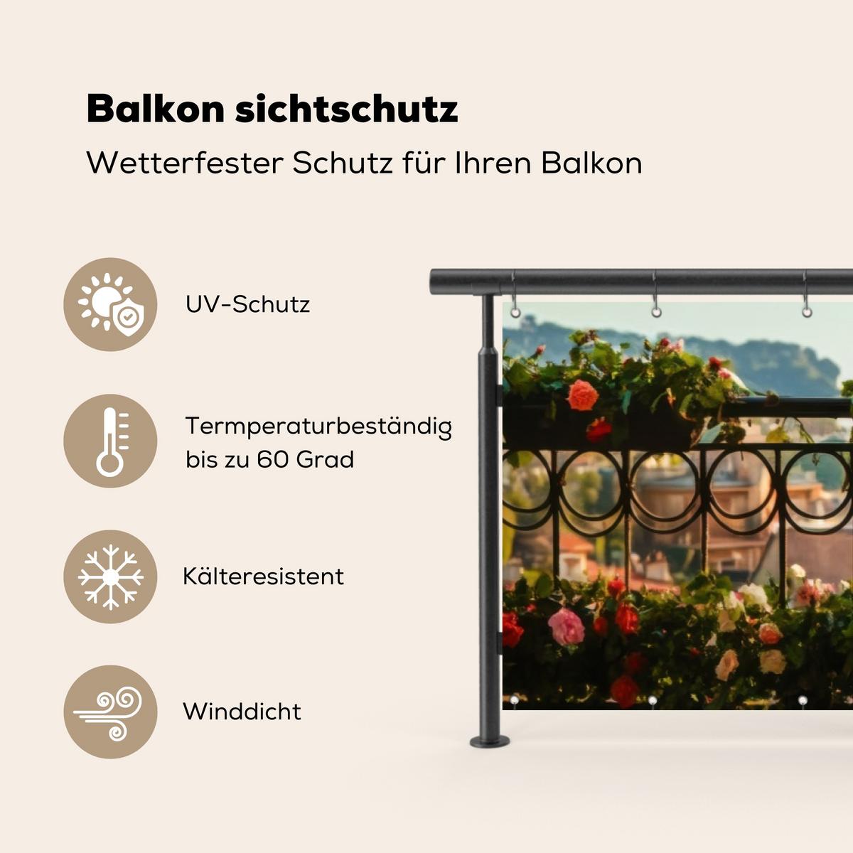 BALKON-SICHTSCHUTZ Blumen - Zaun - Stadtbild - Sommer Witterungsbeständig 300x75 cm - Pink, Kunststoff (300/75cm) - MuchoWow