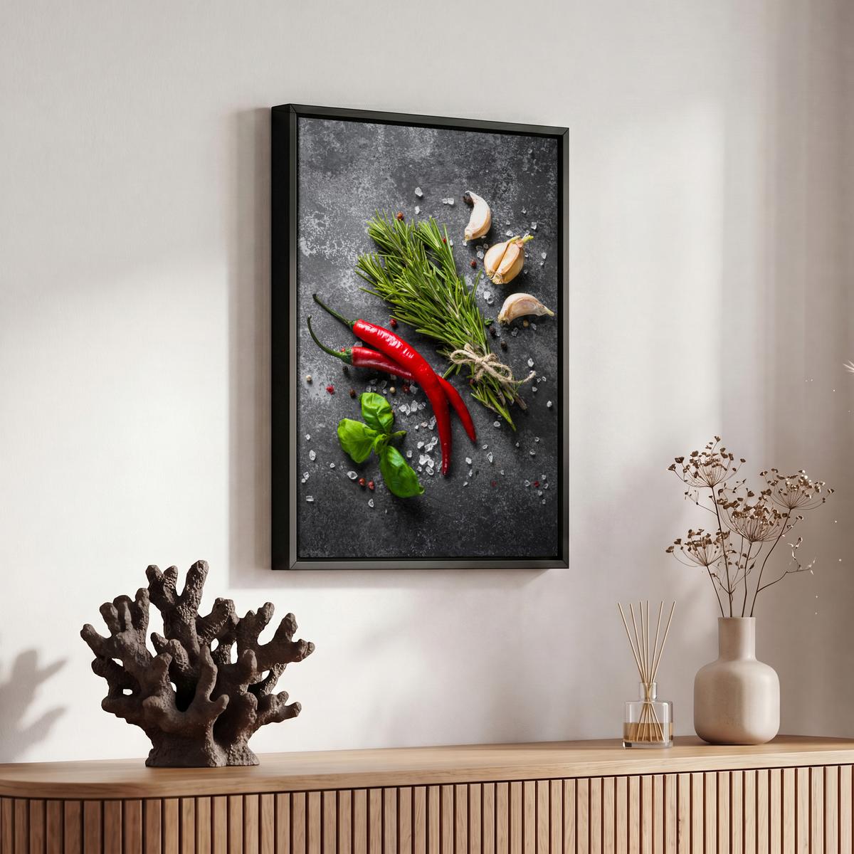 LEINWAND Bilder mit Rahmen - Pfeffer - Kräuter - Gewürze - Beton - 20x30 - Dunkelgrau, Textil (20/30cm) - MuchoWow