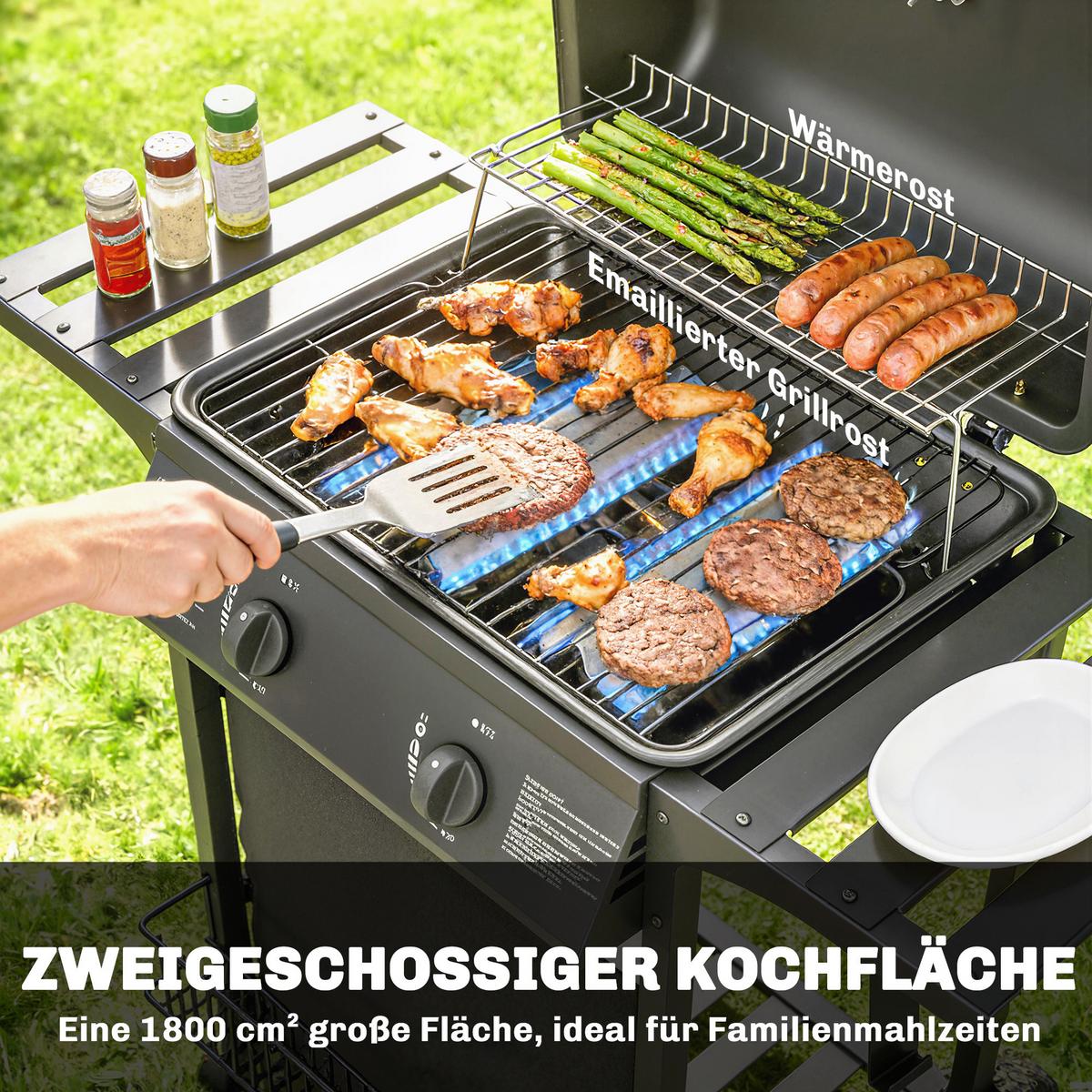 GASGRILL mit 2 Brenner aus Metall Schwarz - Schwarz, Metall (56/95/99cm) - Outsunny