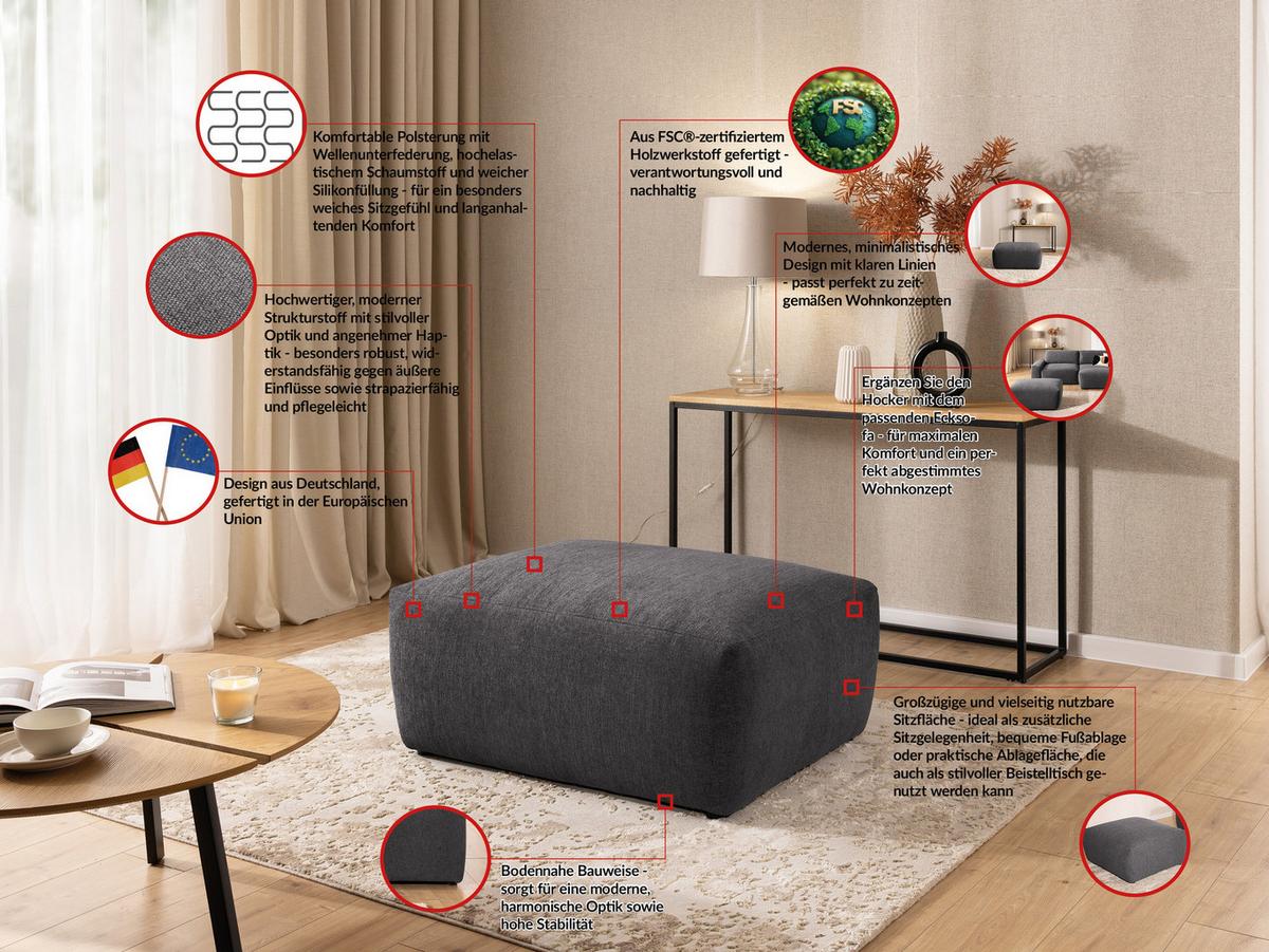 HOCKER Lennon aus Graphit Strukturstoff mit vielseitiger Nutzung - Graphitfarben/Schwarz, Holz/Kunststoff (102/42/76cm) - S-Style
