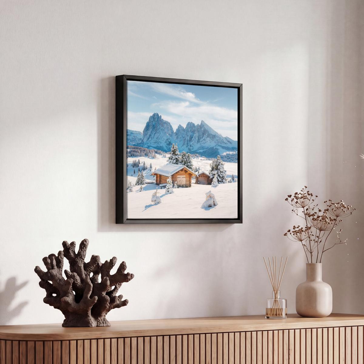 LEINWAND Bilder mit Rahmen - Winter - Hütte - Berge - Aussicht - Schnee - 20x20 - Eichefarben, Textil (20/20cm) - MuchoWow