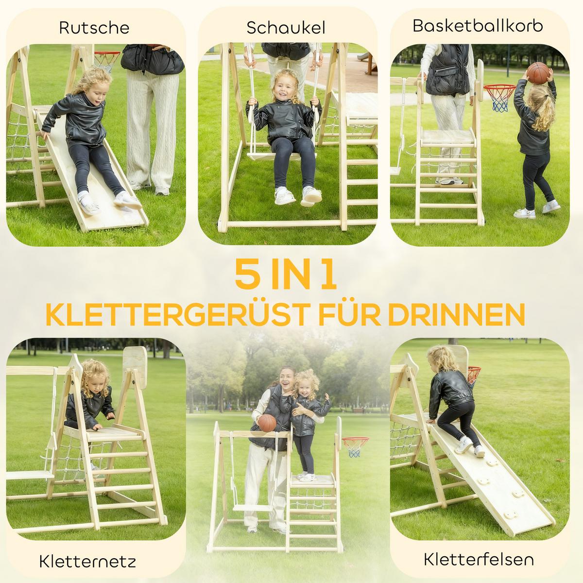 KLETTERGERÜST-MONTESSORI mit Rutsche Schaukel und Basketballkorb - Naturfarben, Holz (133/43/140cm) - AIYAPLAY