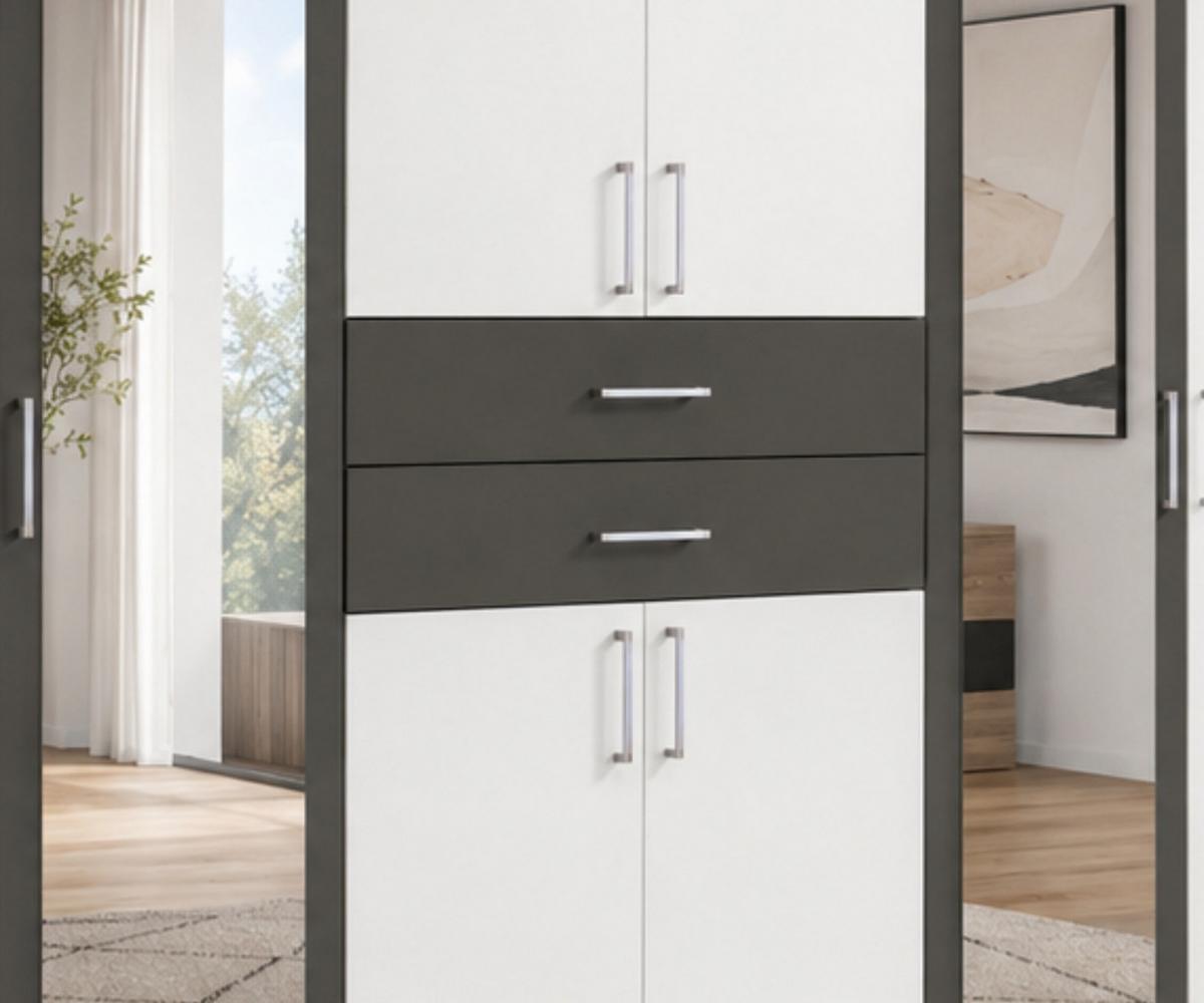 DREHTÜRENSCHRANK B270/H208/T58 cm, Weiß mit Absetzungen in Grafit, Kleiderschrank mit 2 Spiegeltüren & Schubkästen / 22594 - Silberfarben/Graphitfarben, Holzwerkstoff/Kunststoff (270/208/58cm) - luma-home