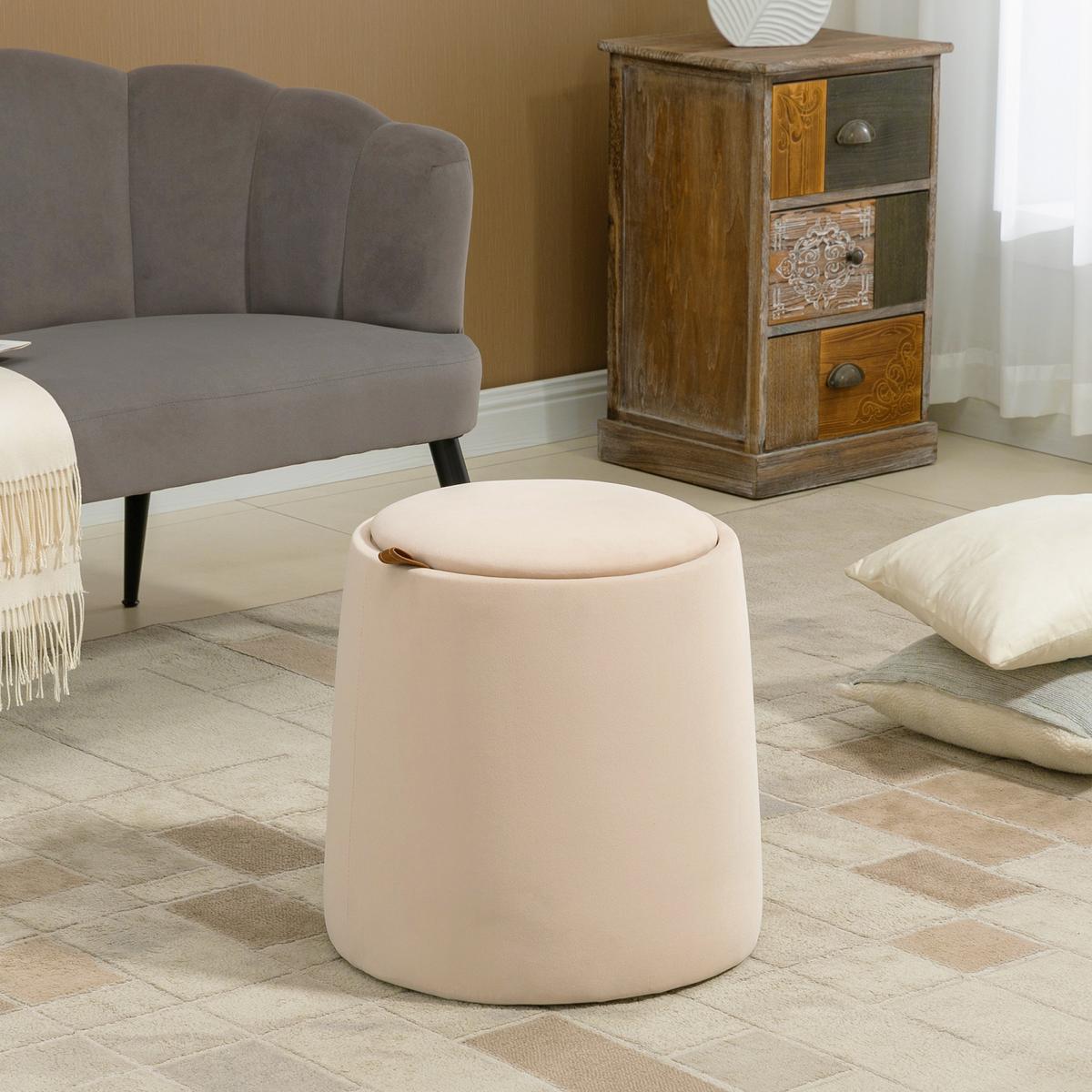 2-IN-1 Ottomane Sitzhocker inklusive Stauraum, abnehmbaren Deckel in Samtoptik - Beige/Braun, Holz/Kunststoff (44/47.5/44cm) - HOMCOM