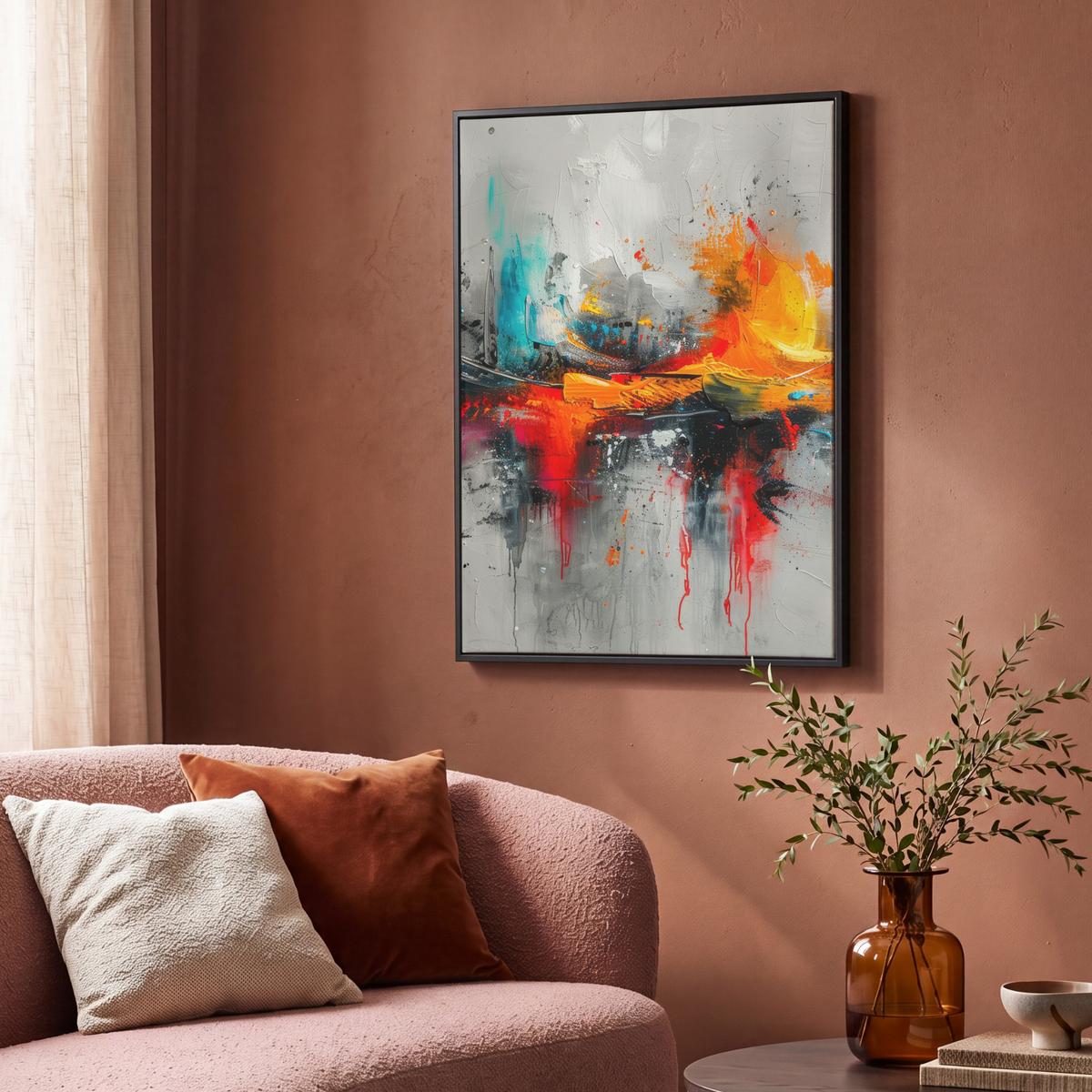 LEINWAND Bilder mit Rahmen - Moderne Kunst - Orange - Grau - Abstrakt - 70x100 - Hellgrau, Textil (70/100cm) - MuchoWow