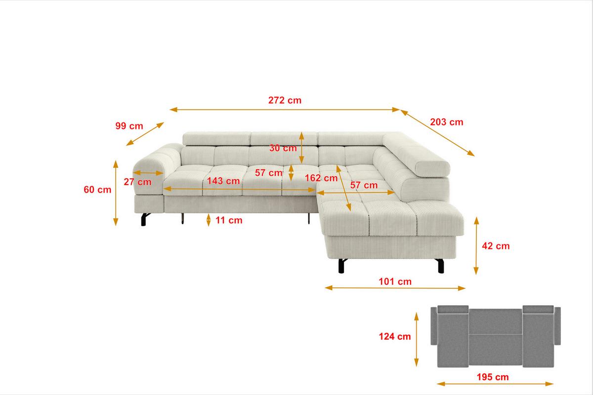 ECKSOFA mit Schlaffunktion Ottomane Rechts LUMA-L 272x203x70 Creme Cord - Creme/Schwarz, Holzwerkstoff/Kunststoff (203/272cm) - ALTDECOR