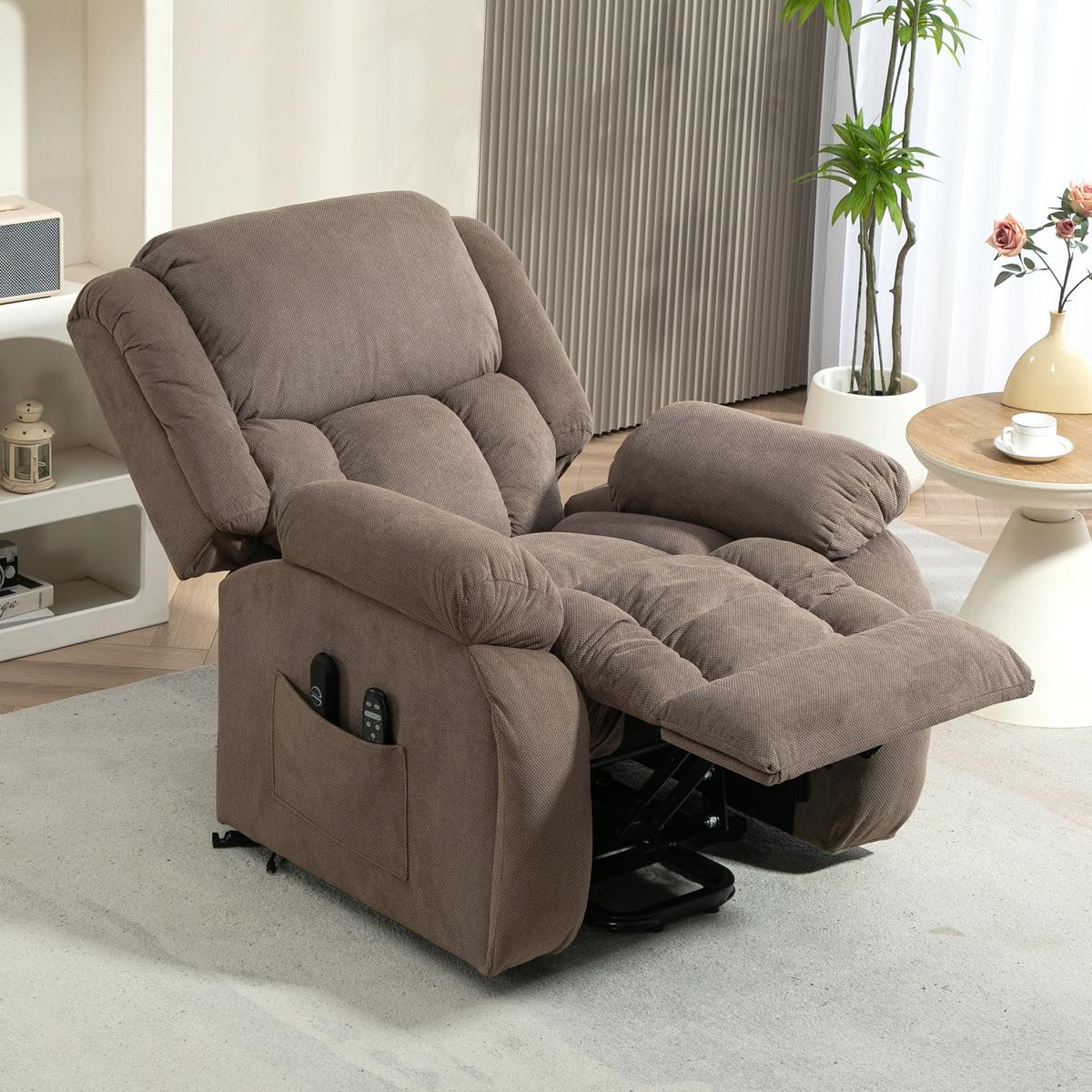 FERNSEHSESSEL mit Aufstehhilfe, Relaxsessel mit Liege-, Massagefunktion, Braun - Hellbraun/Schwarz, Textil/Metall (104/100/93cm) - HOMCOM