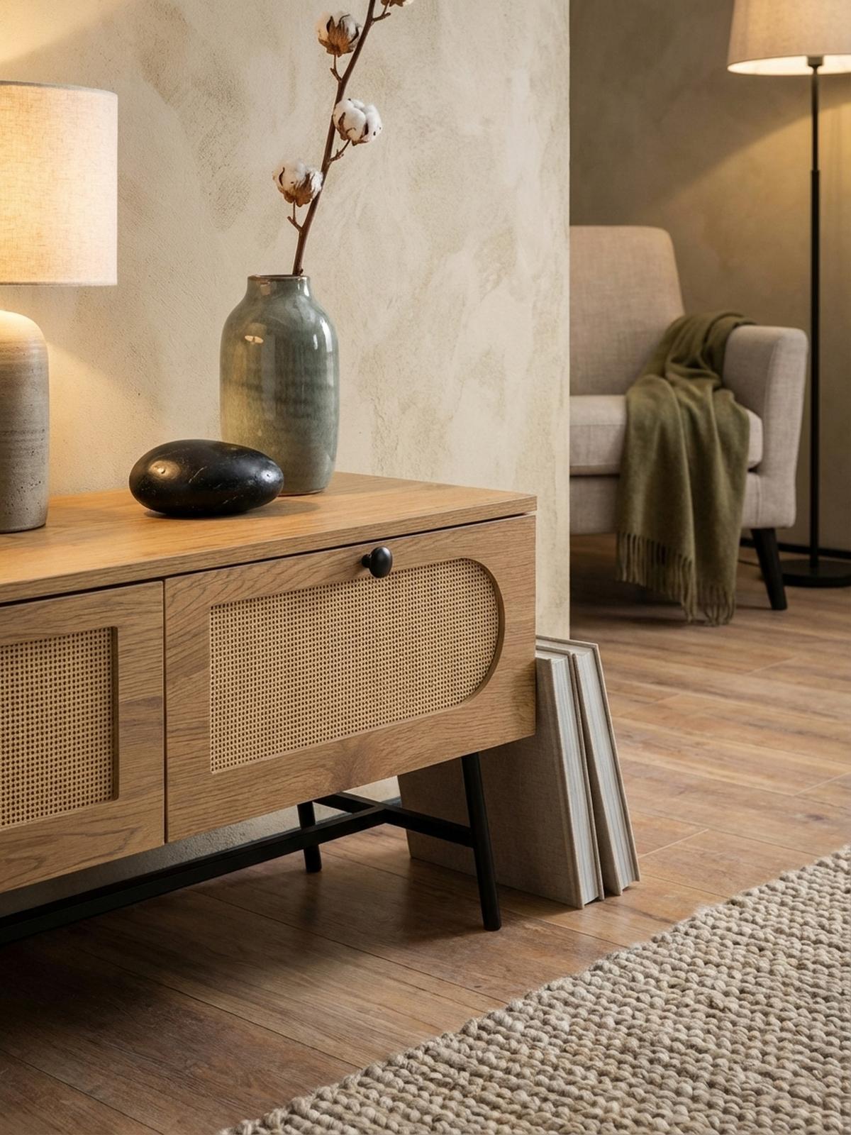 LOWBOARD Eiche-Dekor Rattan Modern Stil 100x45x40 cm mit Schubladen - Schwarz/Braun, Holzwerkstoff/Metall (100/45/40cm) - KADIMA DESIGN
