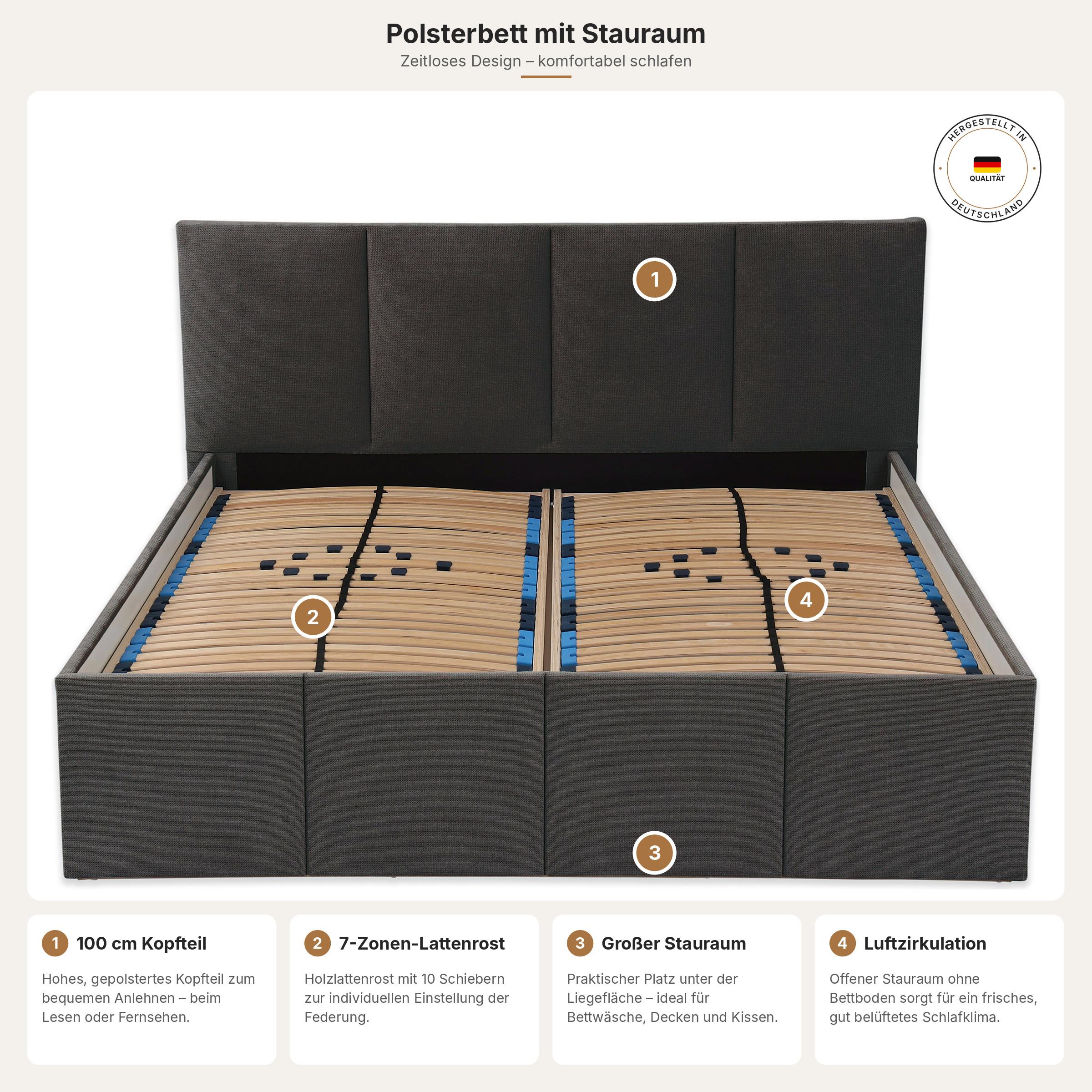 POLSTERBETT Dalas Anthrazit 180 x 200 x 40 cm Stauraum Mit hochwertiger Matratze H2 (bis 100 kg) und Lattenrost - Anthrazit, Holz (180/200cm) - Halmon Schlafkomfort Betten 