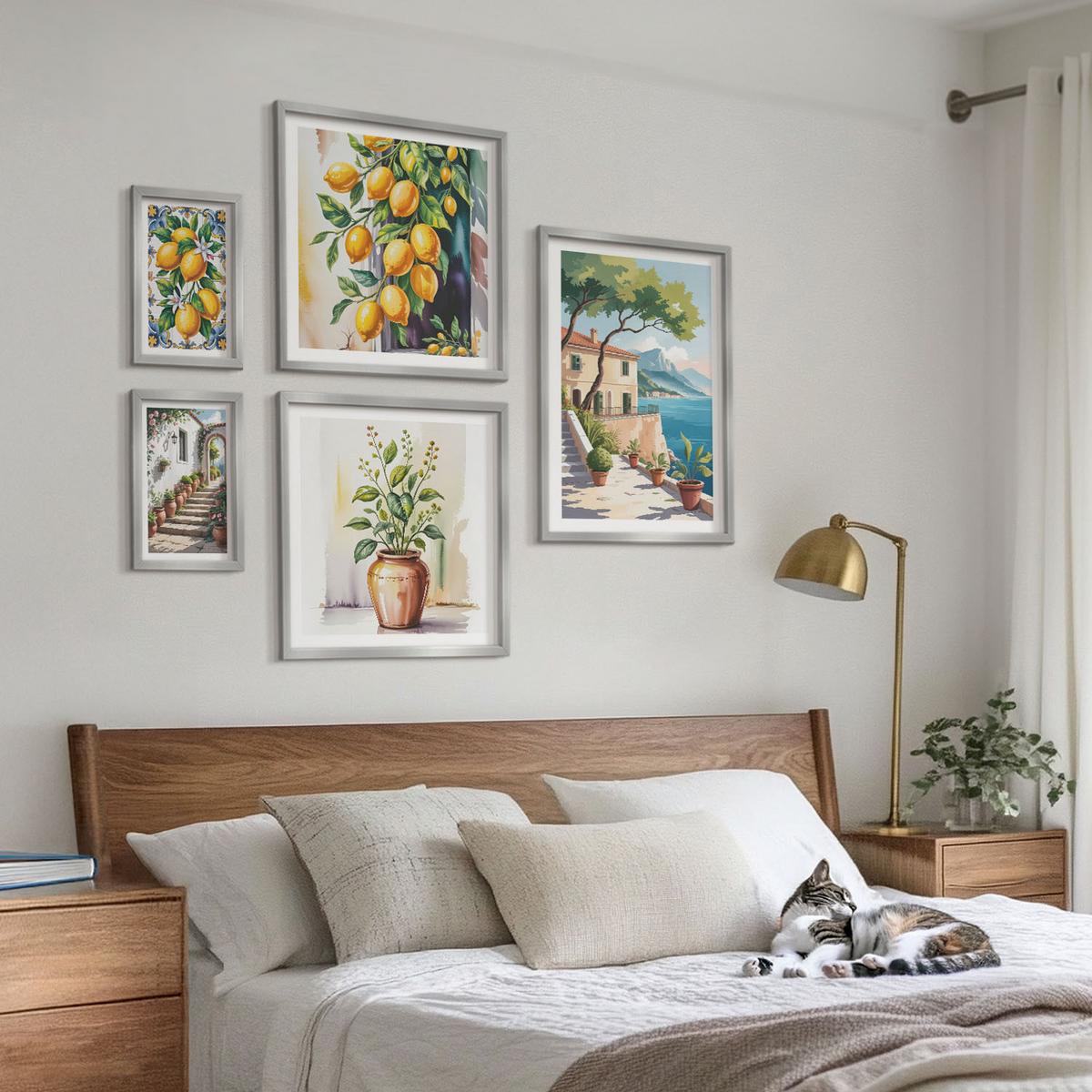 BILDER SET 5er Set - 50x50 cm & 20x30 cm & 40x60 cm Silberner Rahmen - Zitrusbaum im Fenster am Meer - Silberfarben, Kunststoff (40/60cm) - TULUP