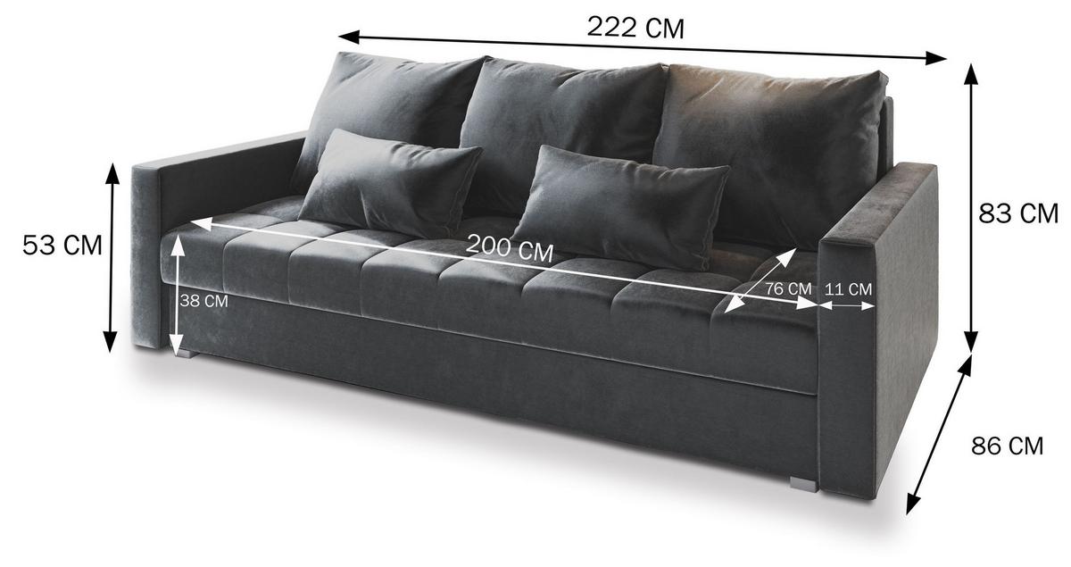 BETTSOFA SIRO Hellgrau Plüsch-Stoff mit Schlaffunktion - Hellgrau, Textil (222/83/86cm) - MASSENO