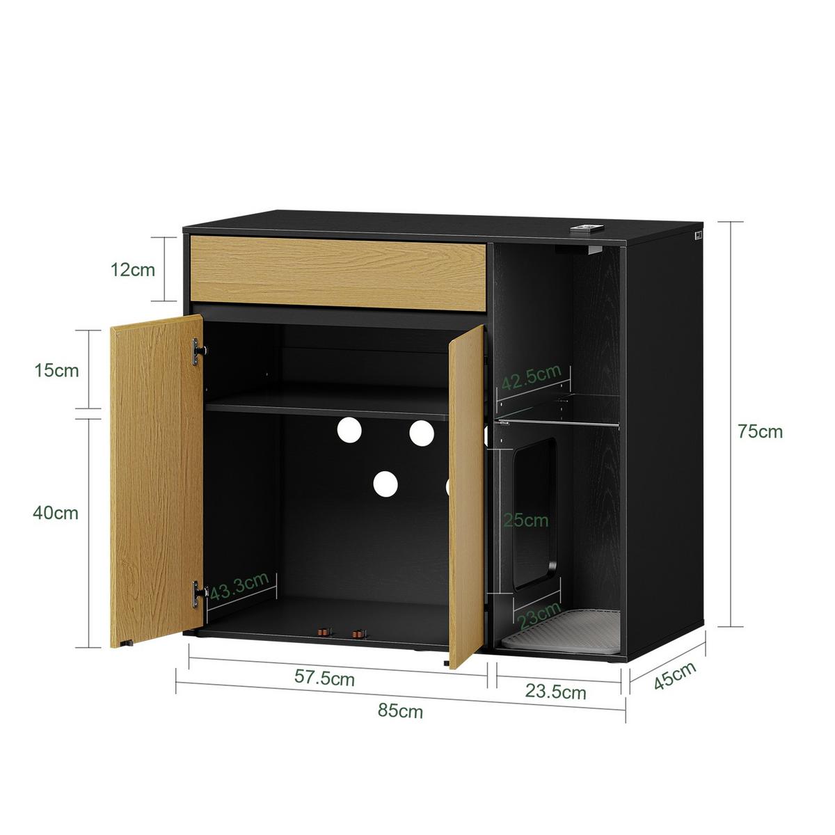 KATZENKLO-SCHRANK mit Aufbewahrung und integrierter Katzentoilette HAT08-E-SCH - Ahornfarben/Schwarz, Kunststoff/Fell (45/75/85cm) - SoBuy