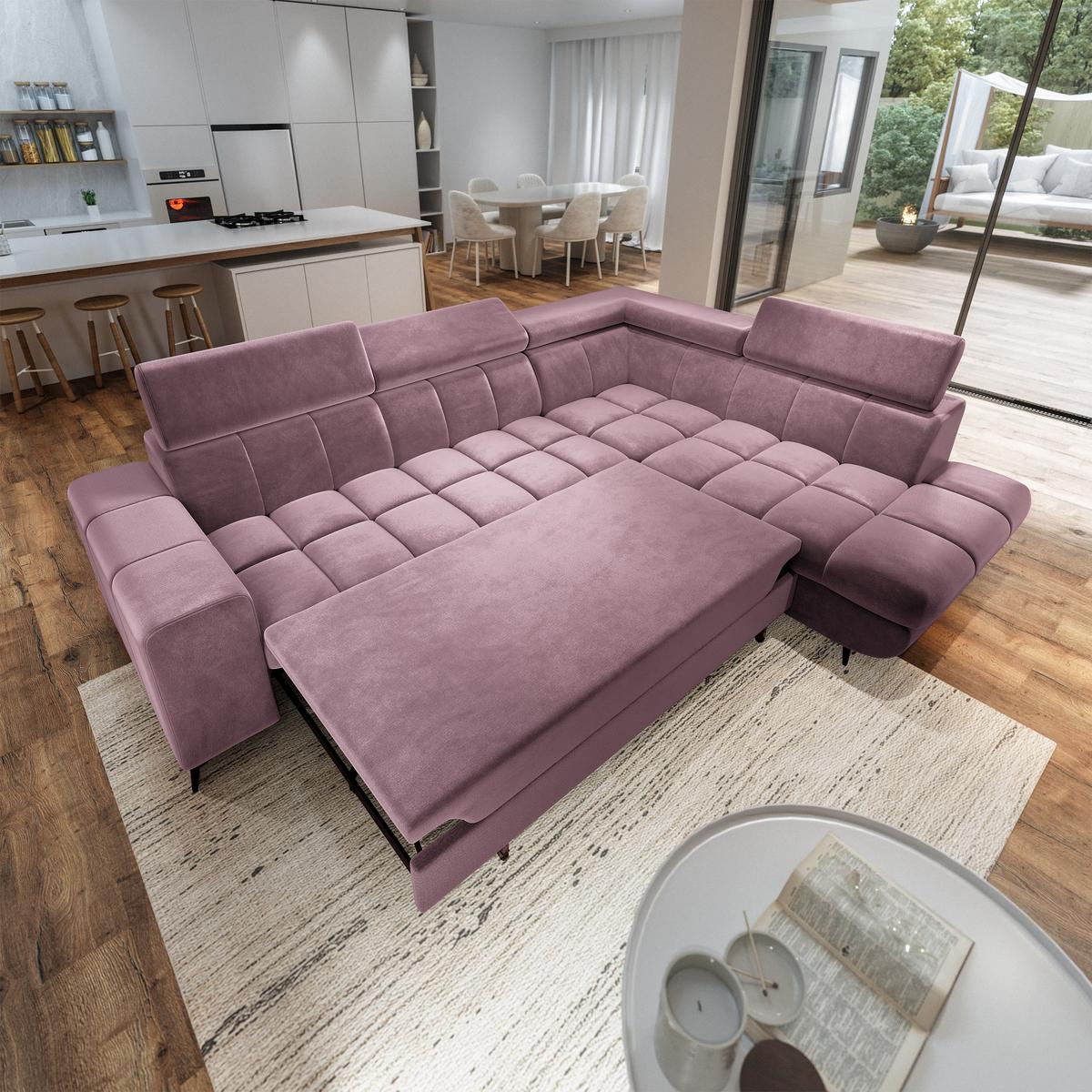 ECKSOFA MORIVA R-S Lila Velours-Stoff mit Schlaffunktion - Lila, Holz (253/190cm) - MASSENO