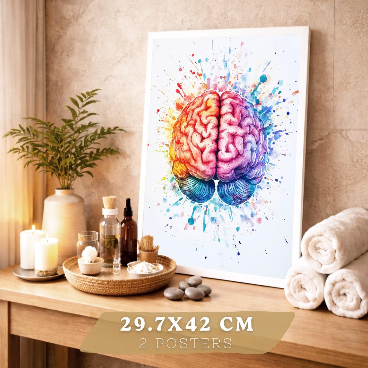 POSTER Set aus 2 Anatomie Drucke und Wandbilder mit Gehirn und Herz Künstlerische Mehrfarbig Aquarell Illustration Größe Weißer Rahmen A3 - Weiß, Papier (29.7/42/3cm) - Nacnic