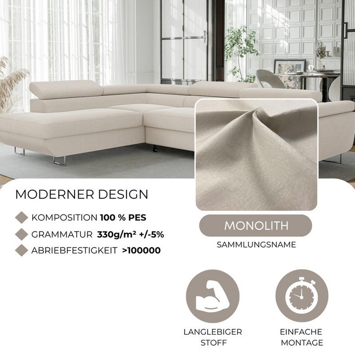 ECKSOFA ANTON links, mit Schlaffunktion und Bettkasten Creme - Chromfarben/Creme, Textil/Metall (274/203cm) - Idohome