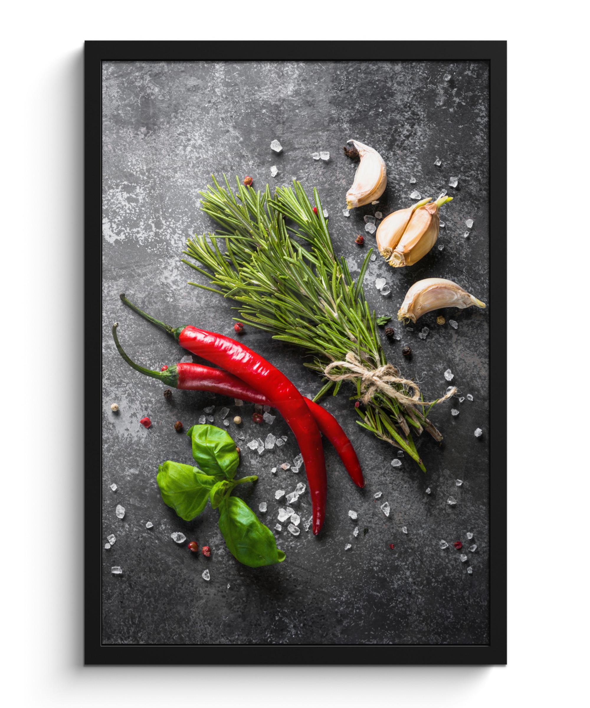 POSTER MIT RAHMEN Pfeffer - Kräuter - Gewürze - Beton Bilder mit Rahmen 40x60 cm - Dunkelgrau, Papier (40/60cm) - MuchoWow